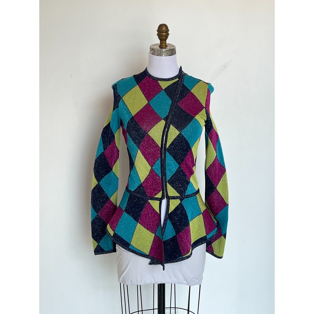 RET $1950 Paula Hian Remi Asymmetric Zip Jacket Metallic Geometric Design Small